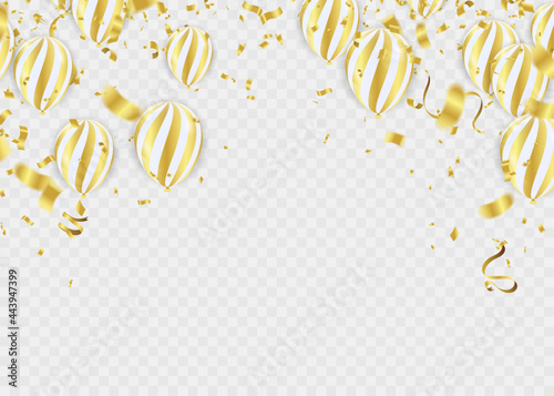 Gold balloons and Celebration background template with confetti and gold ribbons. luxury