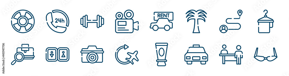 holidays icons set such as 24 hours phone attention service, camera recorder, journey, baggage verification, digital camera, persons in an airport outline vector signs. symbol, logo illustration.