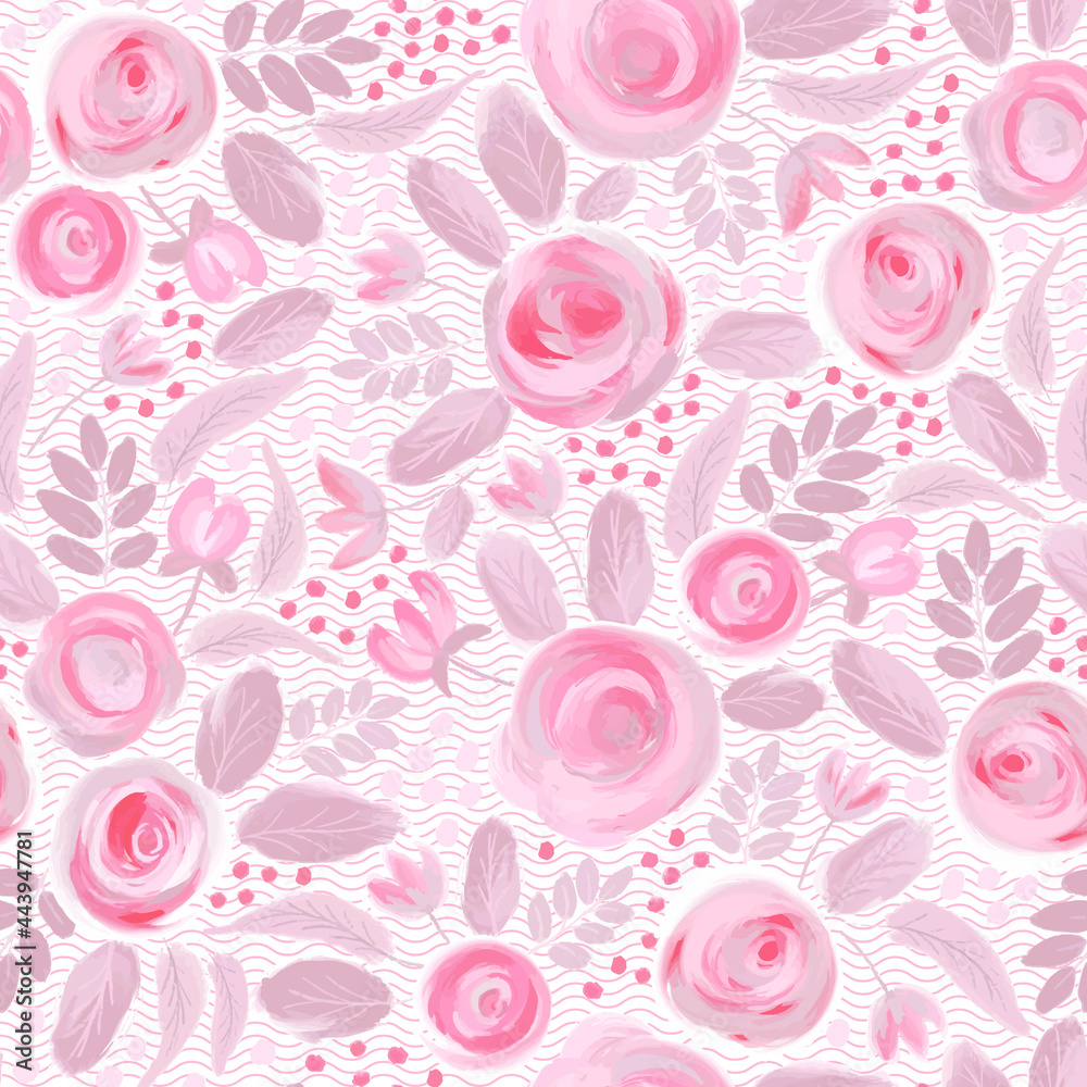 Pale pink flowers on an abstract wavy background. Seamless Pattern