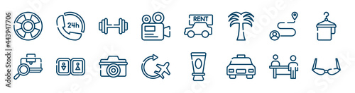 holidays icons set such as 24 hours phone attention service, camera recorder, journey, baggage verification, digital camera, persons in an airport outline vector signs. symbol, logo illustration.