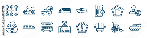 transport icons set such as road bike, monorail, right, ship propeller, double decker bus, wheel chair outline vector signs. symbol, logo illustration. linear style icons set. pixel perfect vector