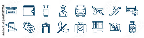 in the airport icons set such as elegant wallet, customs police, escalator going down, no mobile phones allowed, metal detector gate, no photography outline vector signs. symbol, logo illustration.