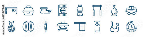 gym icons set such as tackle box, card, glass award, second place, fitness watch, steroids outline vector signs. symbol, logo illustration. linear style icons set. pixel perfect vector graphics.