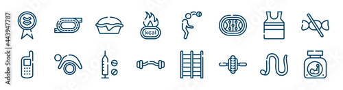 active lifestyle icons set such as race track, calories, tanktop, variometer, doping, earthworm outline vector signs. symbol, logo illustration. linear style icons set. pixel perfect vector