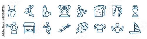 extreme sports icons set such as soccer game, champ, abseiling, pitching machine, catcher, bodybuilder outline vector signs. symbol, logo illustration. linear style icons set. pixel perfect vector