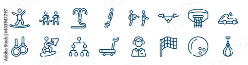 martial arts icons set such as home team, flyboard, basketball hoop, gymnastic rings, playoff, bowling ball outline vector signs. symbol, logo illustration. linear style icons set. pixel perfect