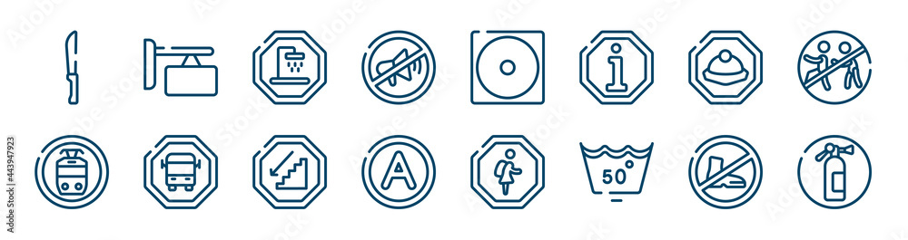 indications icons set such as store board, no shouting allowed, mine site, tram stop, walking downstairs, no shoes outline vector signs. symbol, logo illustration. linear style icons set. pixel indications icons set such as store board, no shouting allowed, mine site, tram stop, walking downstairs, no shoes outline vector signs. symbol, logo illustration. linear style icons set. pixel