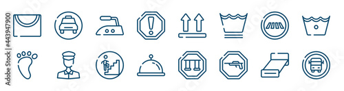 indications icons set such as taxi stop, caution, road crossing, four toe footprint, walking up stair, bed 3d view outline vector signs. symbol, logo illustration. linear style icons set. pixel
