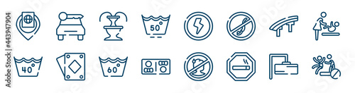 swimming pool rules icons set such as car rental, null, flyover bridge, 40 degree laundry, 60 degree laundry, rectangular outline vector signs. symbol, logo illustration. linear style icons set.