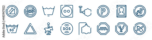 indications icons set such as food not allowed, dry medium heat, woman portrait, 50 degree laundry, carousel horse, restaurant outline vector signs. symbol, logo illustration. linear style icons