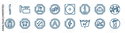 indications icons set such as store board, no shouting allowed, mine site, tram stop, walking downstairs, no shoes outline vector signs. symbol, logo illustration. linear style icons set. pixel