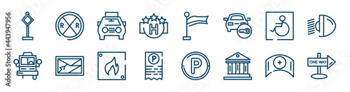 signals set icons set such as railroad crossing, square hotel, handicapped, bus front with driver, fire triangular, nursing outline vector signs. symbol, logo illustration. linear style icons set.