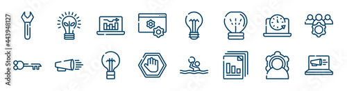 advertising icons set such as ecological lightbulb, web management, circular clock, old key in diagonal, black lightbulb, power outline vector signs. symbol, logo illustration. linear style icons