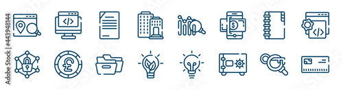 business and finance icons set such as webcode, federal bank, big portfolio, private network, two black folders, keyword search outline vector signs. symbol, logo illustration. linear style icons photo