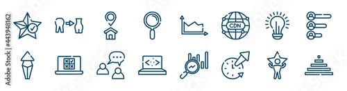 product management icons set such as weight loss, magnifier tool, lightbulb, arrows up, buzz, superior outline vector signs. symbol, logo illustration. linear style icons set. pixel perfect vector