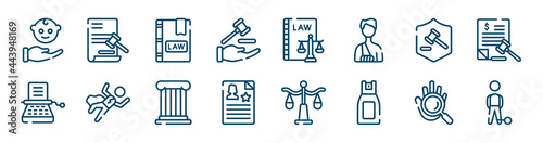 law and justice icons set such as documents, qualified protection, defense, stenographer, roman law, evidence outline vector signs. symbol, logo illustration. linear style icons set. pixel perfect