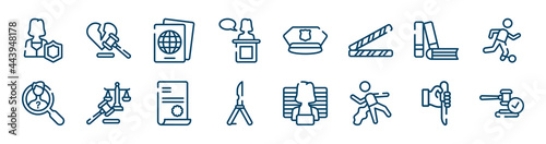 law and justice icons set such as divorce, witness, practise areas, investigation, contract law, murder outline vector signs. symbol, logo illustration. linear style icons set. pixel perfect vector