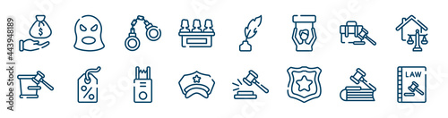 law and justice icons set such as balaclava, jury, employment, court trial, electroshock weapon, employment law outline vector signs. symbol, logo illustration. linear style icons set. pixel perfect