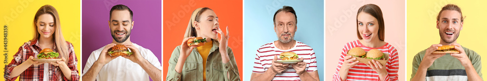 Beautiful young woman with tasty burger on color background