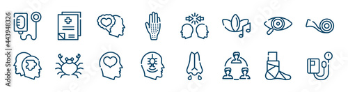 medical services icons set such as medical records, allergic, eye exam, psychologist, mental health, broken leg outline vector signs. symbol, logo illustration. linear style icons set. pixel perfect
