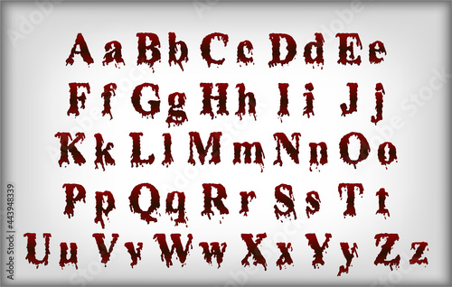 New vector bloody font. Beautiful halloween letters with red blood stains isolated on white silver background