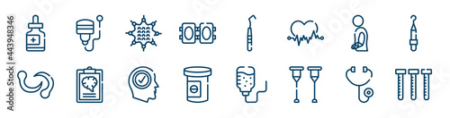 medical services icons set such as ultrasound, knee pad, injury, leech, positivity, diagnose outline vector signs. symbol, logo illustration. linear style icons set. pixel perfect vector graphics.