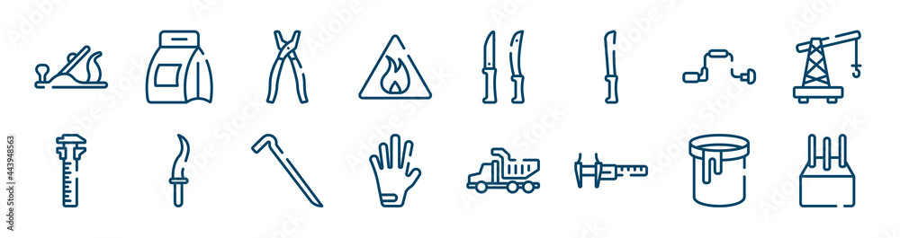 construction icons set such as washing powder, inflamable, brace, sliding scale, crowbar, paint can open outline vector signs. symbol, logo illustration. linear style icons set. pixel perfect vector