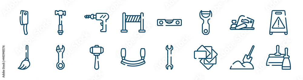 tools and machinery icons set such as hammer facinf left, road panel, planer, mop, big hammer, digging outline vector signs. symbol, logo illustration. linear style icons set. pixel perfect vector tools and machinery icons set such as hammer facinf left, road panel, planer, mop, big hammer, digging outline vector signs. symbol, logo illustration. linear style icons set. pixel perfect vector