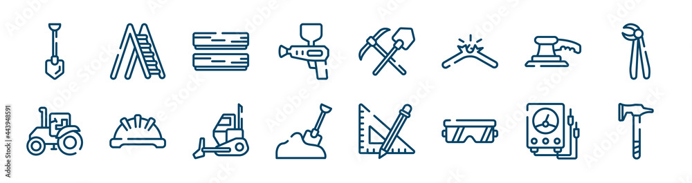 cutting tool icons set such as ladder open, spray gun, sanding machine, farm tractor, bulldozing, electric gauge outline vector signs. symbol, logo illustration. linear style icons set. pixel