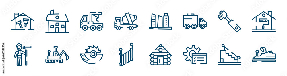 work tools icons set such as house hand drawn building, cement truck, tool diagonal, man painting, saw half cogwheel, stairs with handle outline vector signs. symbol, logo illustration. linear style