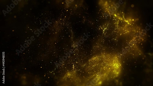 Particle gold dust flickering on black background. Gold Particles Moving Background. Gold Dust Waves. Particle from below. 4k abstract Footage background for text.	 photo