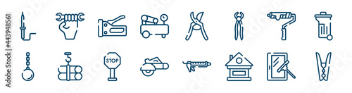 housekeeping icons set such as labor day, air compressor, brush for painting, wrecking ball, stopping, window cleaner outline vector signs. symbol, logo illustration. linear style icons set. pixel