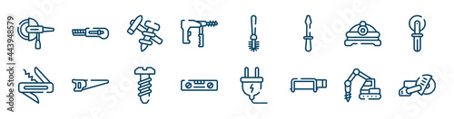 tools and machinery icons set such as null, big driller, torch helmet, jackknife, bolts, trucking outline vector signs. symbol, logo illustration. linear style icons set. pixel perfect vector