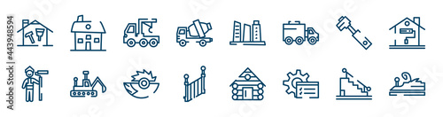 work tools icons set such as house hand drawn building, cement truck, tool diagonal, man painting, saw half cogwheel, stairs with handle outline vector signs. symbol, logo illustration. linear style