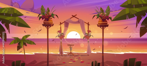 Beach wedding ceremony with floral arch and decoration on sea shore at sunset. Vector cartoon landscape of tropical ocean coast with decoration for marriage celebration, palm trees and evening sun