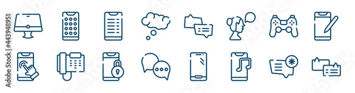 chatting icons set such as phone menu, thinking bubble, ps4 controller, phone touch, phone locked, important message outline vector signs. symbol, logo illustration. linear style icons set. pixel