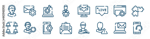 ways to contact us icons set such as email settings, technical specialist, online help, desk organization, smarphone settings, email on computer outline vector signs. symbol, logo illustration.