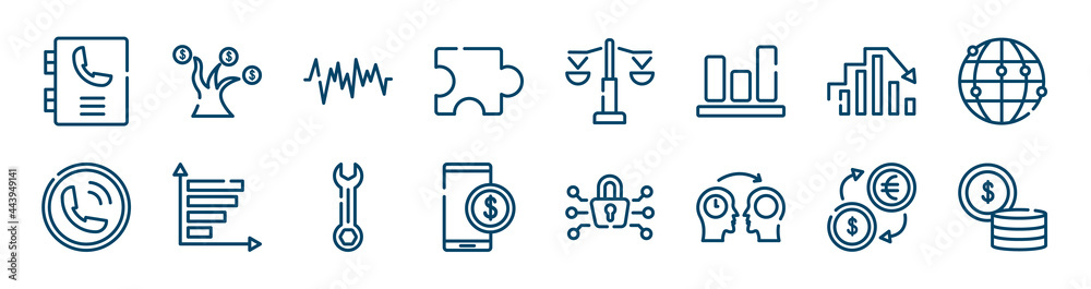 business icons set such as money tree, puzzle piece, peak, calling, wrenches, money exchange outline vector signs. symbol, logo illustration. linear style icons set. pixel perfect vector graphics. business icons set such as money tree, puzzle piece, peak, calling, wrenches, money exchange outline vector signs. symbol, logo illustration. linear style icons set. pixel perfect vector graphics.