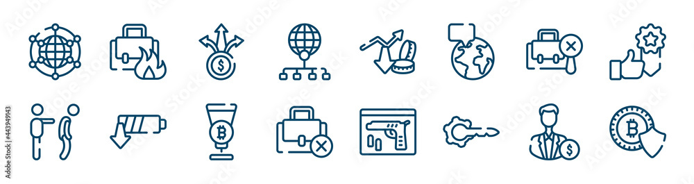 bitcoins cryptocurrency icons set such as burning, distribute, not search, fi, passion, investors outline vector signs. symbol, logo illustration. linear style icons set. pixel perfect vector