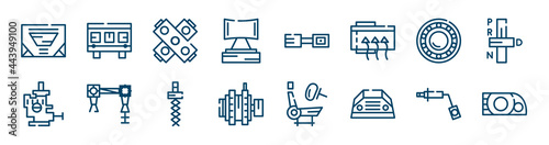 car parts icons set such as car cylinder head, car headrest, bearing, choke, coil, wheel brace outline vector signs. symbol, logo illustration. linear style icons set. pixel perfect vector graphics.