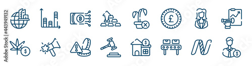 crowdfunding icons set such as bars, ingot, businesswoman, marijuana, alerts, nasdaq outline vector signs. symbol, logo illustration. linear style icons set. pixel perfect vector graphics.
