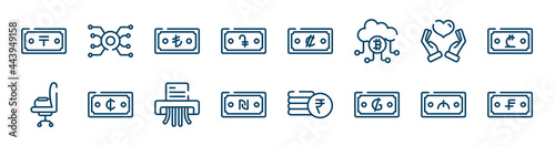strategy icons set such as video card, humanitarian, anonymous, annonymous, ingots, dollar outline vector signs. symbol, logo illustration. linear style icons set. pixel perfect vector graphics.