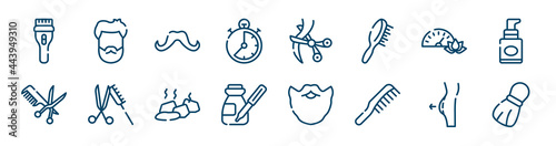 hairdressing and barber icons set such as male head hair and beard, stopclock, pressure, hairdresser with comb and scissors, stones, liposuction outline vector signs. symbol, logo illustration.