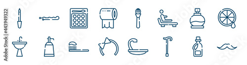 beauty icons set such as hair pin, tissue paper, fragance, washbowl, brushing, softener outline vector signs. symbol, logo illustration. linear style icons set. pixel perfect vector graphics.