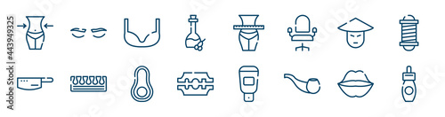 cosmetics icons set such as lashes, olive oil, asian, kitchen pack, avocado, kiss outline vector signs. symbol, logo illustration. linear style icons set. pixel perfect vector graphics.