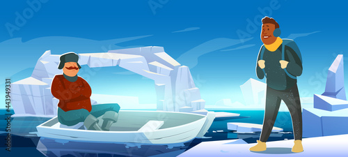 Arctic landscape with melting iceberg, boat and people on glacier floating in sea. Concept of scientific expedition or travel. Vector cartoon illustration of men on polar or antarctic ice in ocean