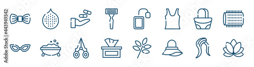 spa & wellness icons set such as hairy, shaving razor, hand bag, cat eye glasses, nail scissors, hair style outline vector signs. symbol, logo illustration. linear style icons set. pixel perfect