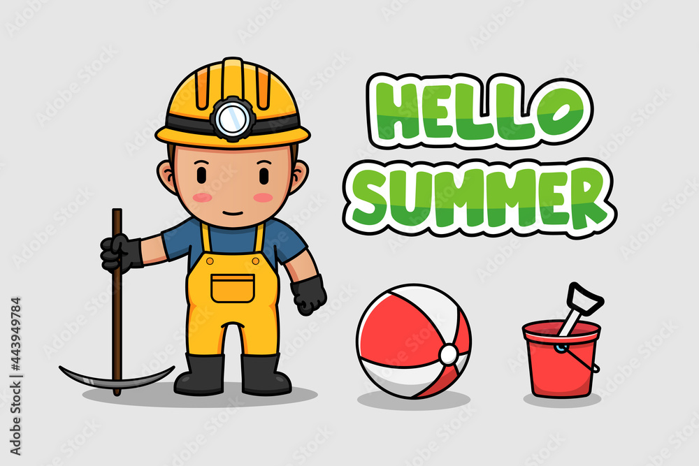 Cute miner with hello summer banner