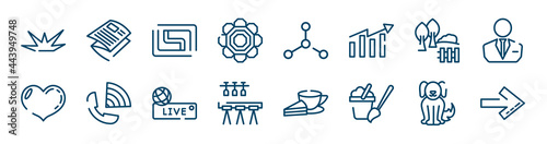 icons set such as newspaper, pattern, garden, heart, live, animals outline vector signs. symbol, logo illustration. linear style icons set. pixel perfect vector graphics.