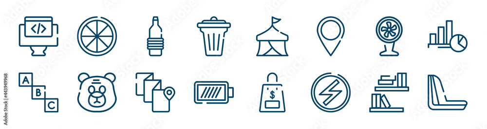 icons set such as orange, bin, fan, alphabet, guide, library outline vector signs. symbol, logo illustration. linear style icons set. pixel perfect vector graphics.